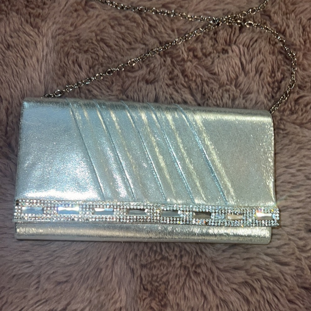 Silver formal classy clutch handbag small 8” purse removable chain link strap​ - Picture 2 of 14